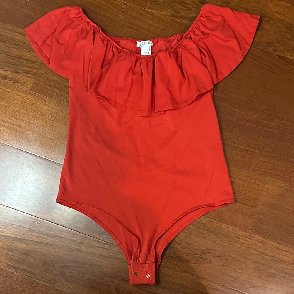 J. Crew Red Ruffle Off-Shoulder Bodysuit, size Medium